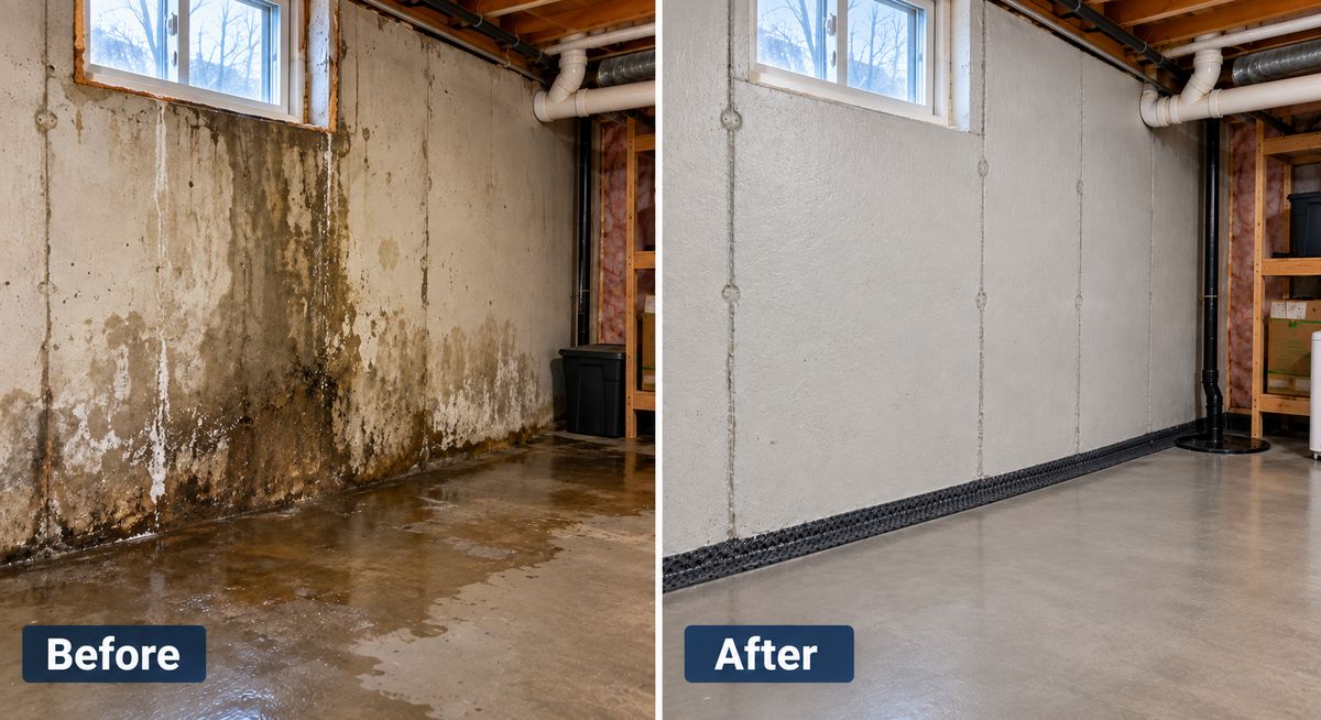 Before and after comparison of a flooded basement with water damage and the same basement repaired and dry