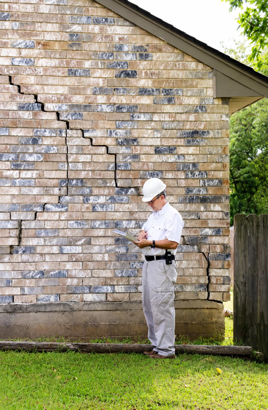 Wide crack running down an exterior concrete foundation wall of a house