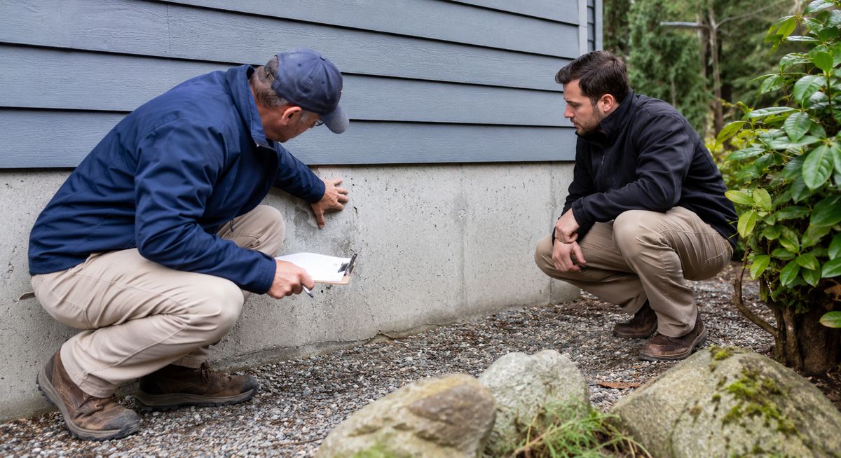 Contractor inspecting the base of a house foundation and surrounding grading